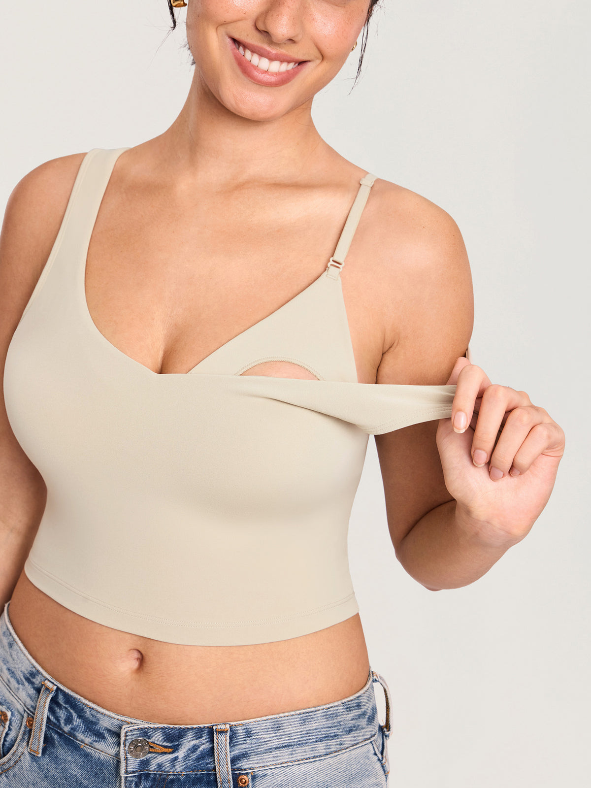 MOMANDA Women's Natrelax® Nursing Crop Tank Top - V Neck Mojave Tan @model_info:MOMRB4