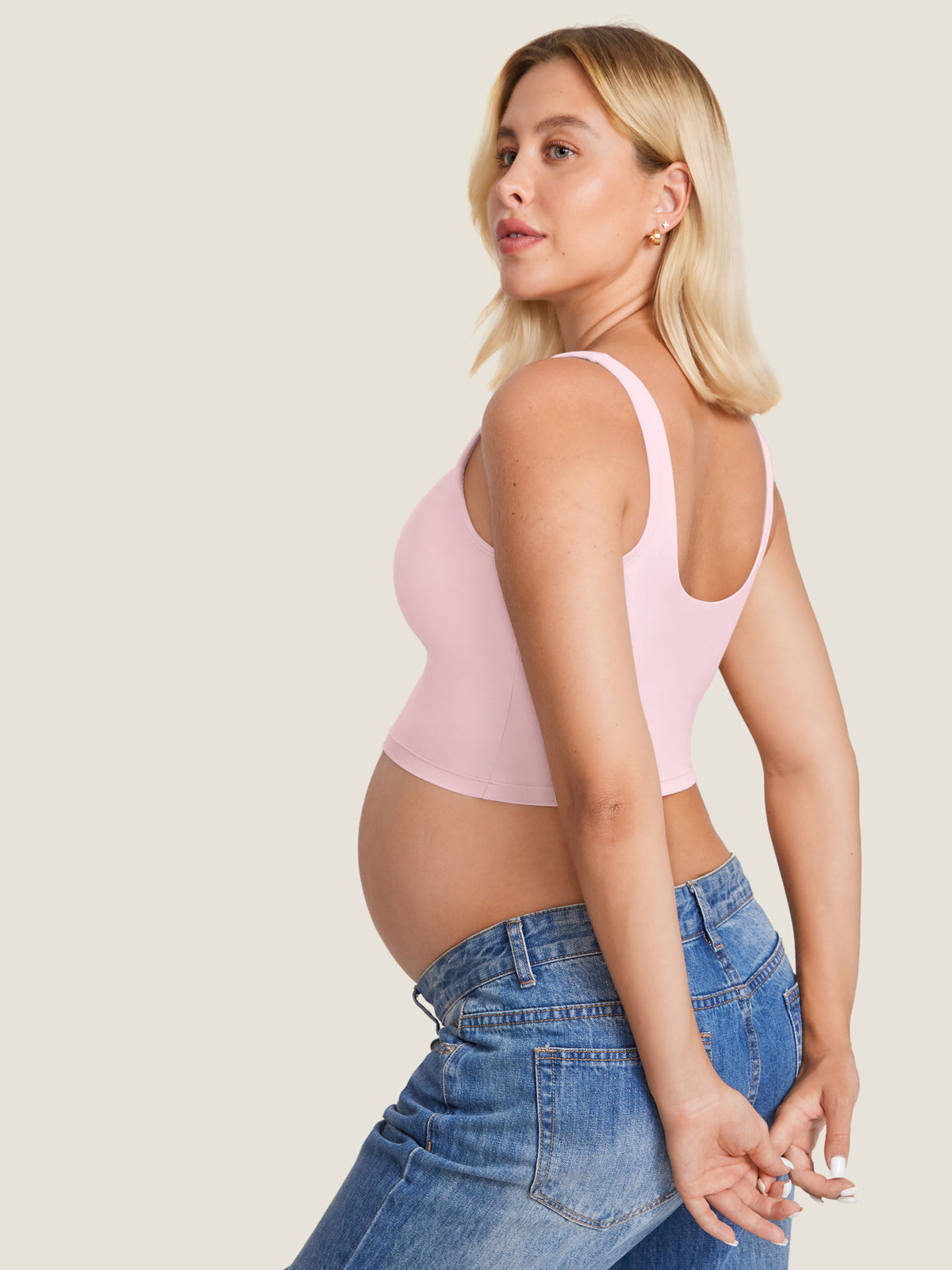 MOMANDA Women's Natrelax® Nursing Crop Tank Top - V Neck Strawberry Pink @model_info:MOM2