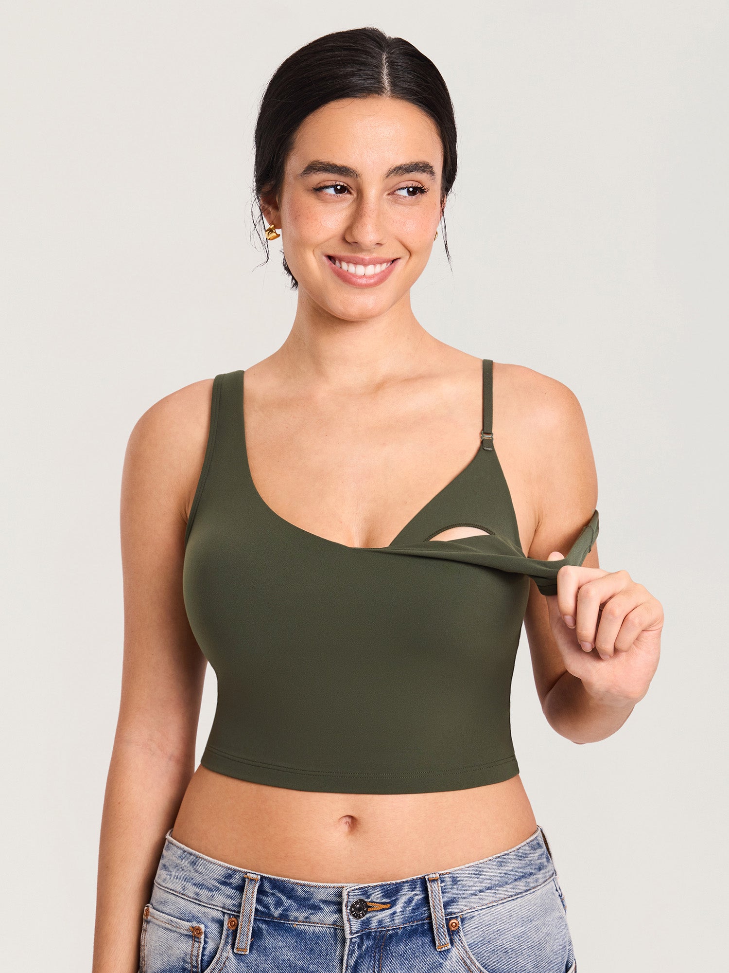 MOMANDA Women's Natrelax® Nursing Crop Tank Top - V Neck Olive Green
