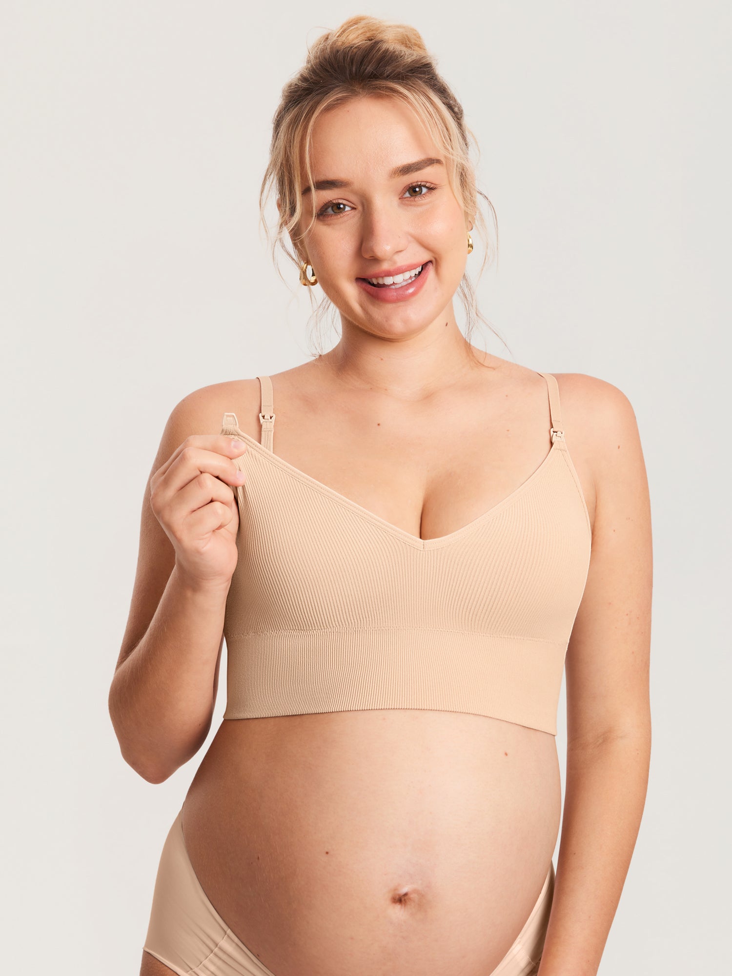MOMANDA Women's Ribbed V Neck Nursing Bralette Beige