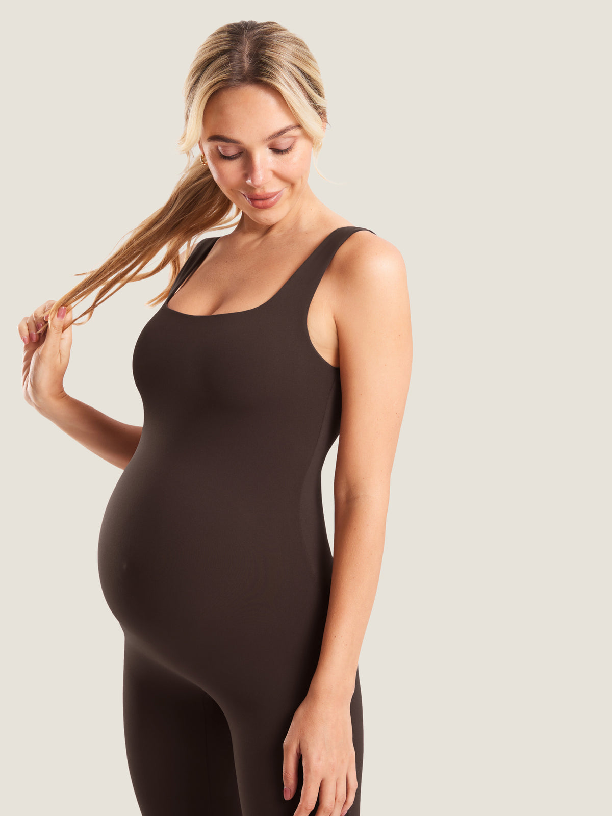 MOMANDA Women's Natrelax® Maternity Jumpsuit Hot Fudge Brown @model_info:MOM2