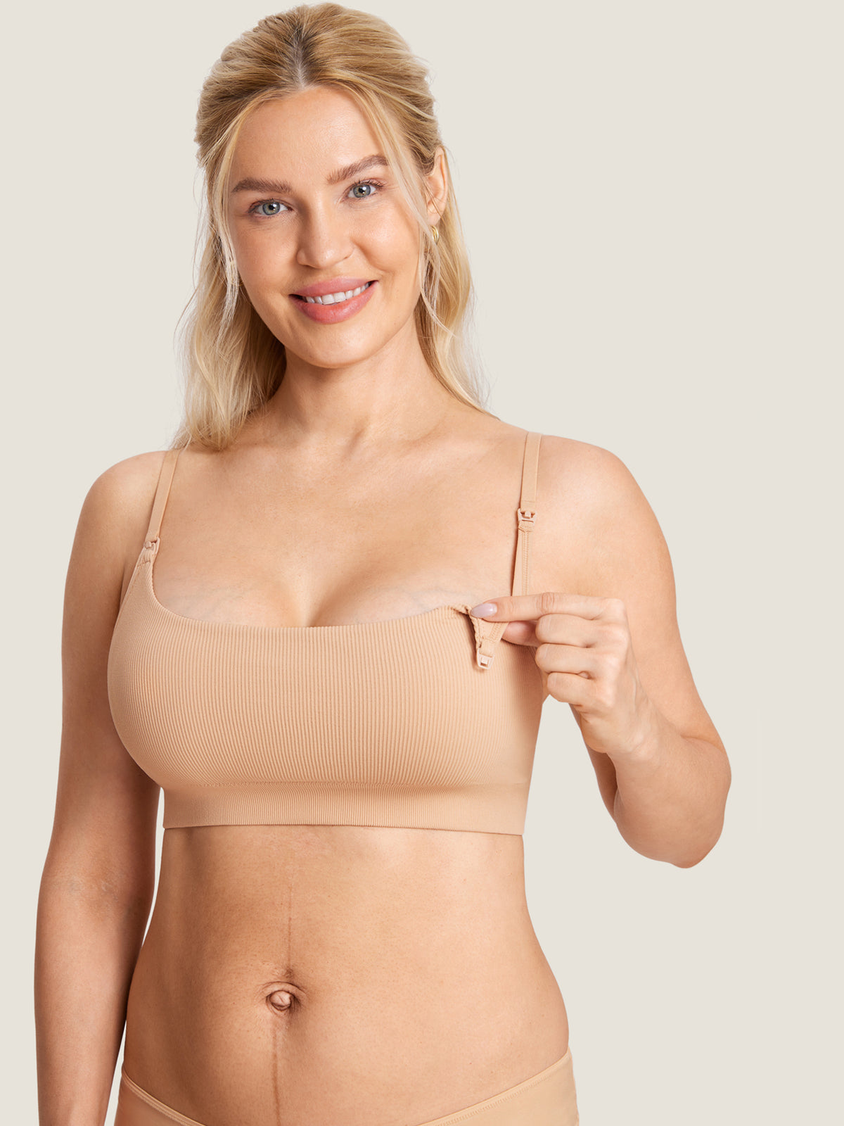 MOMANDA Women's Ribbed Scoop Nursing Bralette Warm Beige @model_info:N2