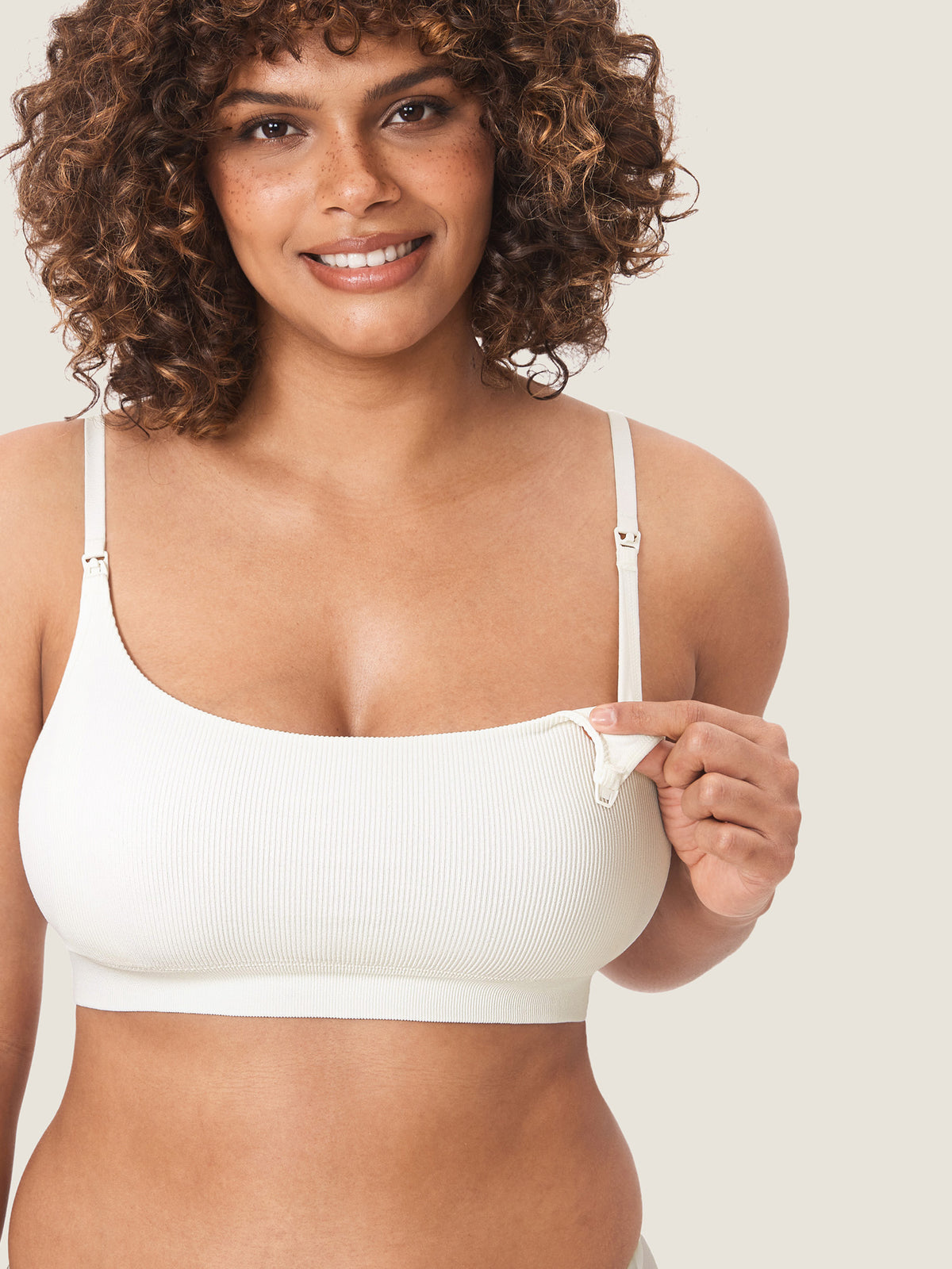 MOMANDA Women's Ribbed Scoop Nursing Bralette Iceland White @model_info:Nursing