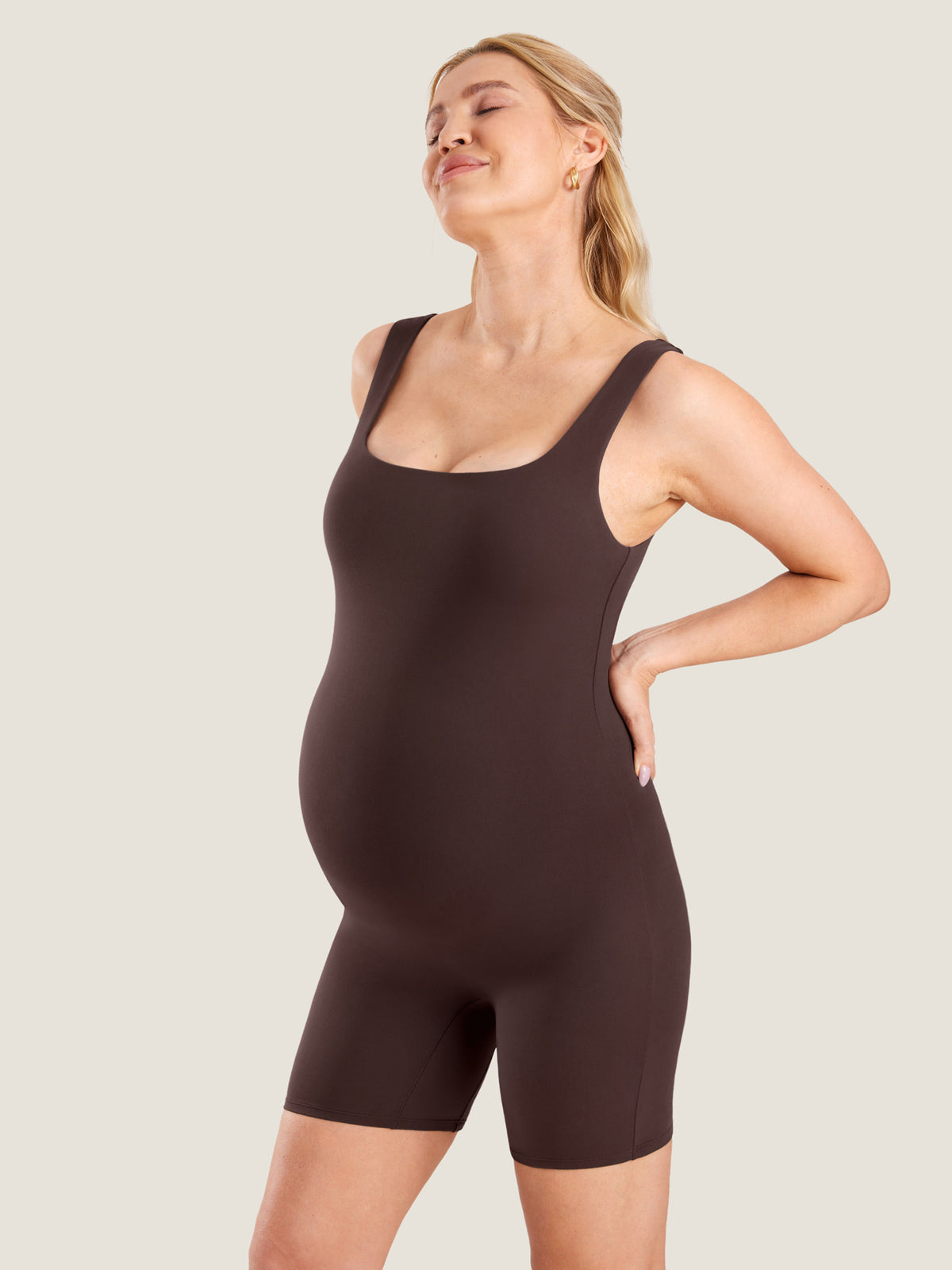 MOMANDA Women's Natrelax® Maternity Romper Hot Fudge Brown @model_info:MOM1