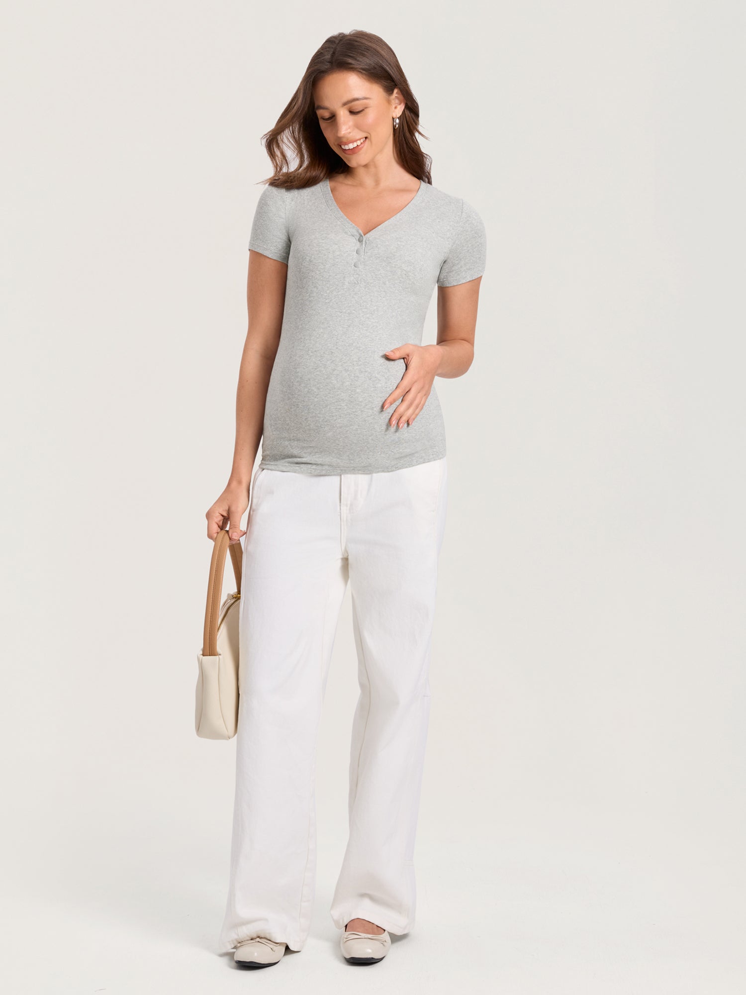 Cotton Rib Henley Maternity Short Sleeve Shirts