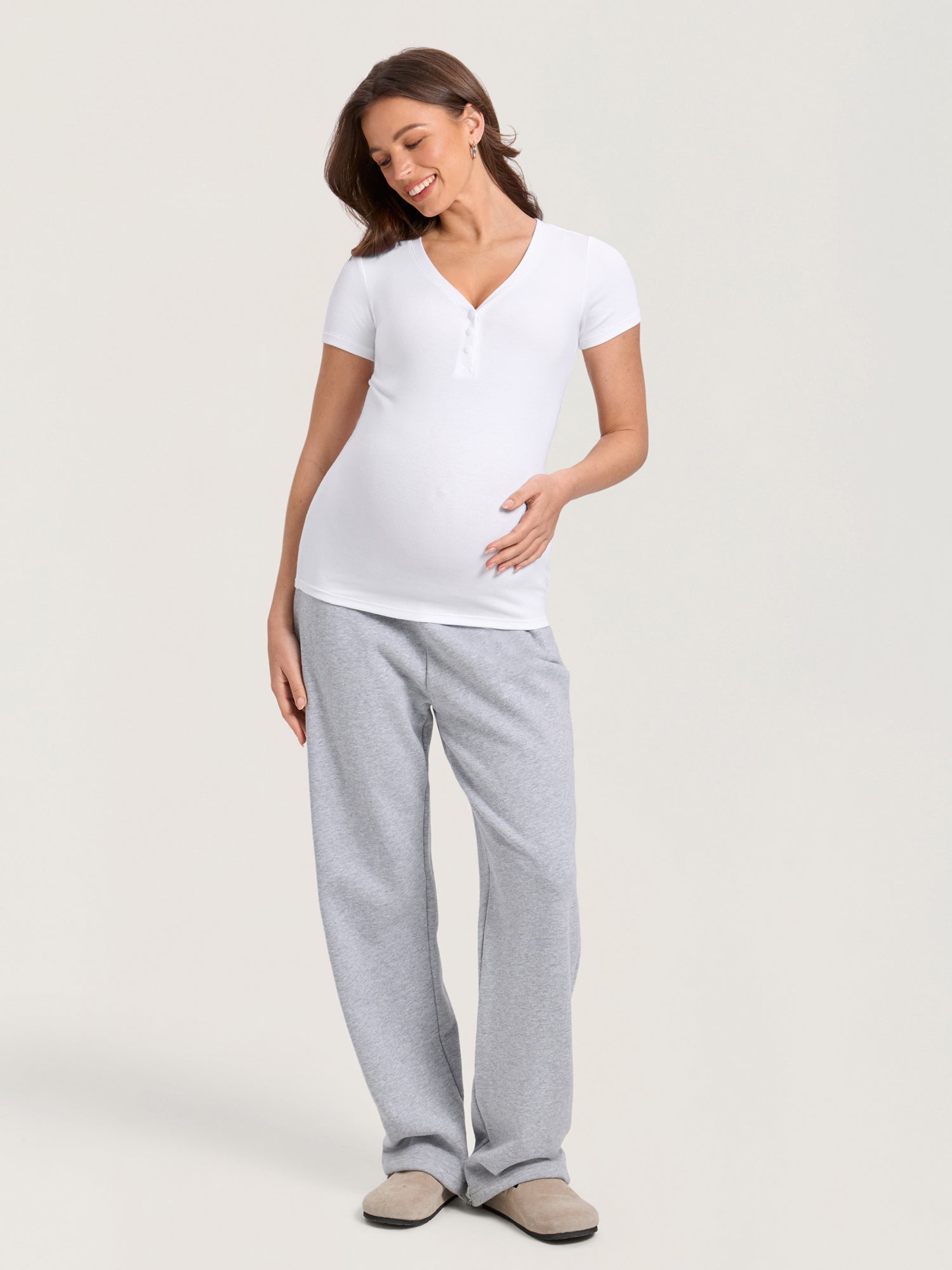 Cotton Rib Henley Maternity Short Sleeve Shirts
