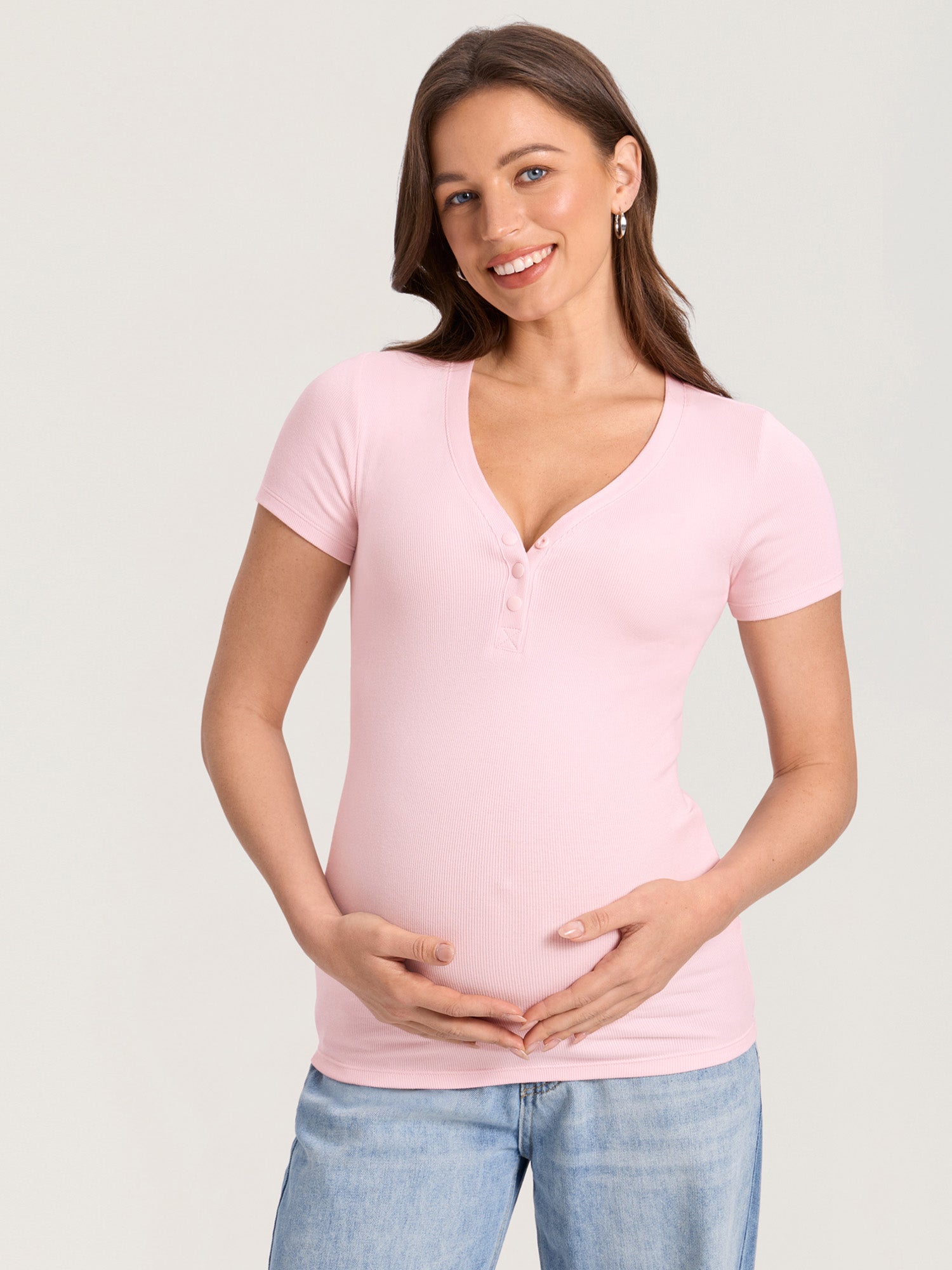 Cotton Rib Henley Maternity Short Sleeve Shirts