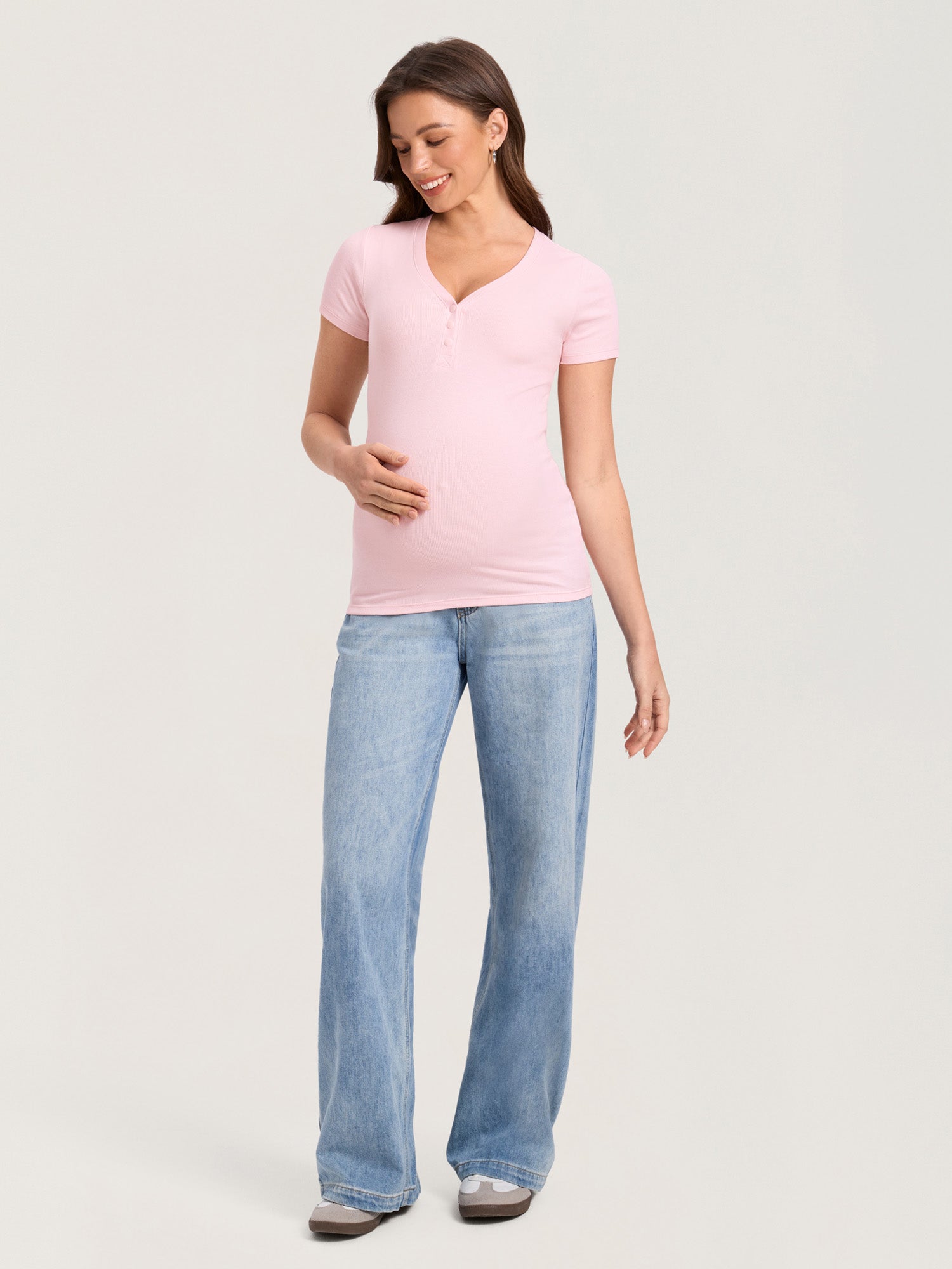 Cotton Rib Henley Maternity Short Sleeve Shirts